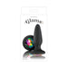 Black tapered silicone butt plug with a colorful faceted gem base displayed on white packaging.