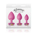Set of three pink silicone spade-shaped trainer plugs with jeweled bases in small, medium, and large sizes in retail packaging.