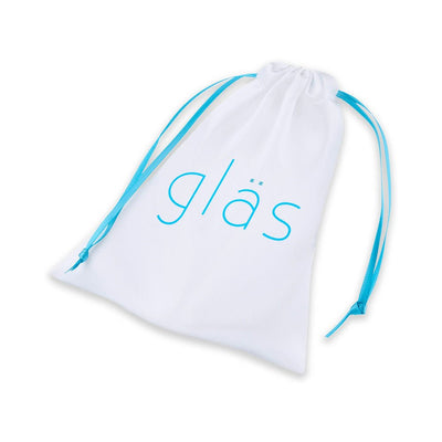 White drawstring pouch with blue strings and gläs logo for storing Glas 2-piece Glass Yoni Egg Set