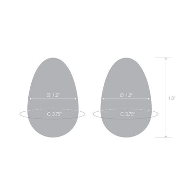 Diagram showing dimensions of two teardrop-shaped yoni eggs, each 1.2 inches in diameter, 1.8 inches tall, with a 3.75-inch circumference.