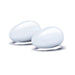 Two smooth, polished white glass yoni eggs with a teardrop shape on a white background.