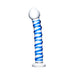Blue spiral textured glass dildo with bulbous head and flat base on white background.