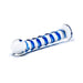 Clear glass dildo with raised blue spiral ridge and bulbous head, designed for enhanced stimulation and easy cleaning.