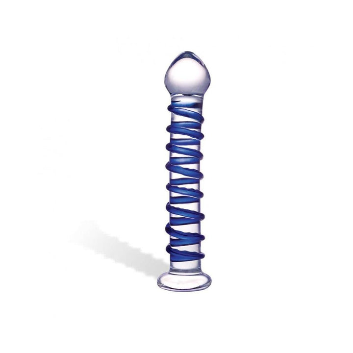 Clear glass dildo with raised blue spiral ridge and bulbous head for enhanced stimulation, standing upright on a white background.