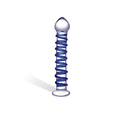 Clear glass dildo with raised blue spiral ridge and bulbous head for enhanced stimulation, standing upright on a white background.