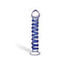 Clear glass dildo with raised blue spiral ridge and bulbous head for enhanced stimulation, standing upright on a white background.