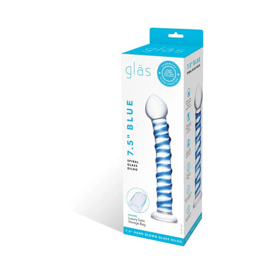 Packaging box of a 7.5-inch blue spiral glass dildo with luxury satin storage bag included.