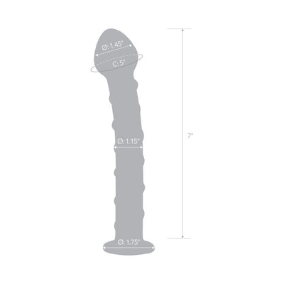 Diagram of blue spiral glass dildo with measurements showing 7 inches length and varying diameters.