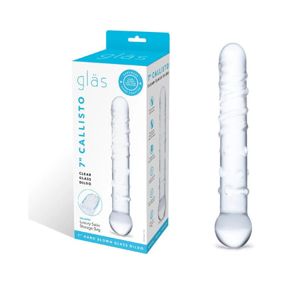 Clear glass dildo with spiraled ridges and nubs next to its blue and white packaging box.