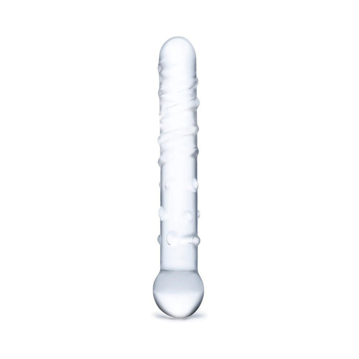 Clear glass dildo with spiraled ridges and raised nubs, designed for targeted internal stimulation.