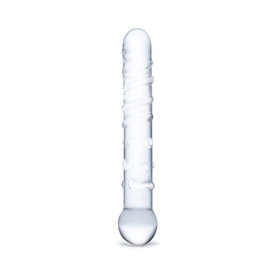 Clear glass dildo with spiraled ridges and raised nubs, designed for targeted internal stimulation.
