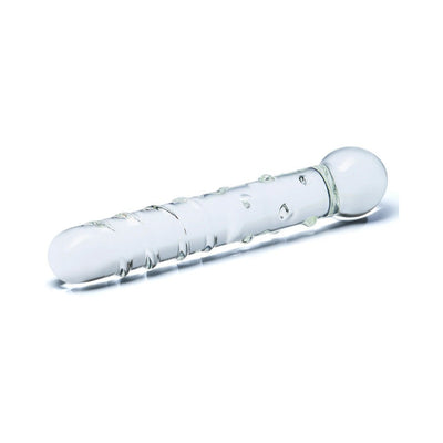 Clear glass dildo with textured spirals and rounded tip, featuring a smooth spherical base for grip.
