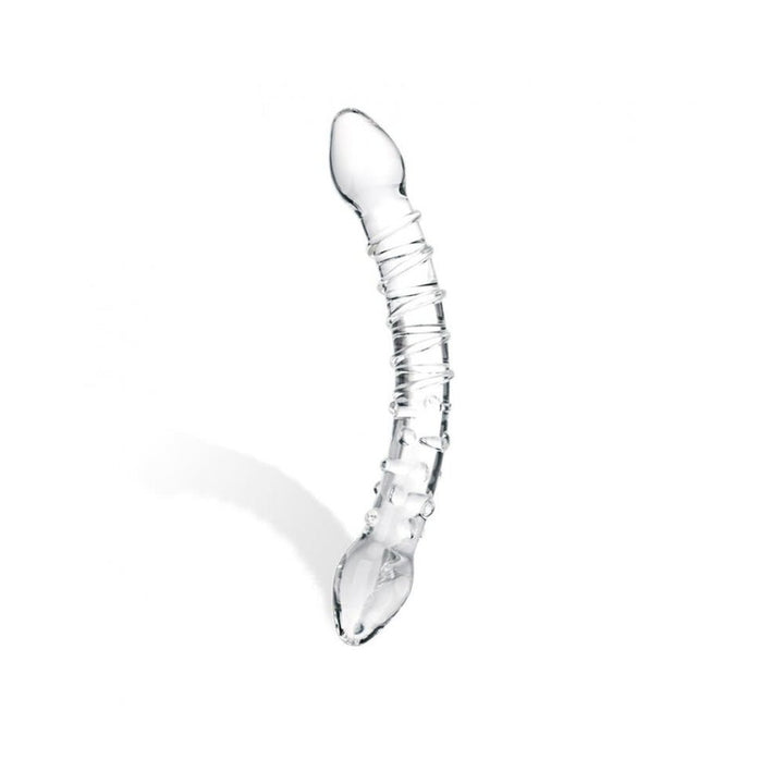 Clear double-ended glass dildo with textured spiral and nodules for enhanced stimulation, designed for versatile use.