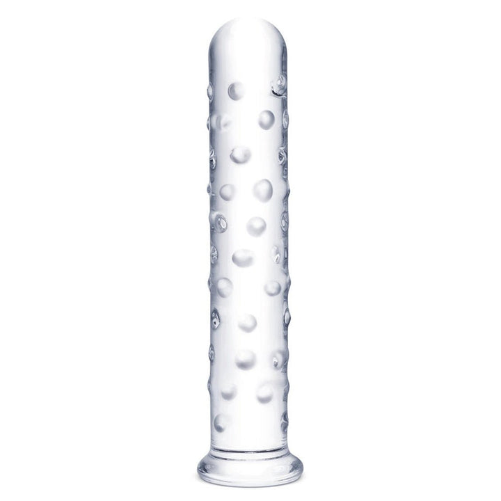 Clear 10-inch glass dildo with textured nubs and flared base for safe, versatile use.