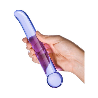 Hand holding a purple glass G-spot tickler wand with a curved tip and rounded bulbous handle.