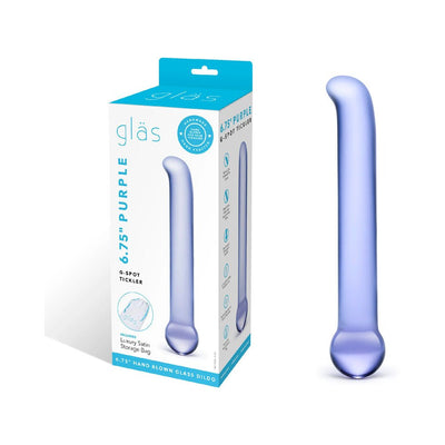 Purple curved glass G-spot tickler wand with bulbous handle and packaging box on white background.