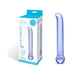 Purple curved glass G-spot tickler wand with bulbous handle and packaging box on white background.