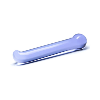 Smooth purple glass G-spot tickler wand with curved tip and rounded handle on white background