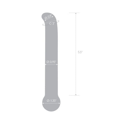 Diagram of a purple glass G-spot tickler wand with measurements showing 5.5 inches length and varying diameters.