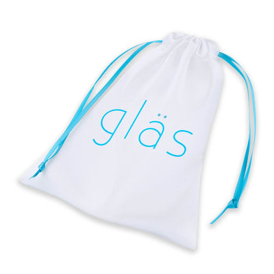 White drawstring storage pouch with blue "gläs" logo and matching blue ribbons for Glas Galileo Glass Butt Plug.