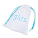 White drawstring storage pouch with blue "gläs" logo and matching blue ribbons for Glas Galileo Glass Butt Plug.