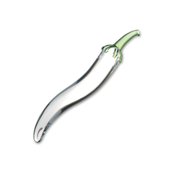 Clear glass dildo shaped like a chili pepper with a green stem detail, smooth and curved design.