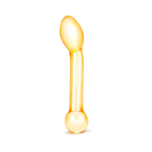 Amber-colored curved glass anal probe with rounded base and angled tip for targeted stimulation.