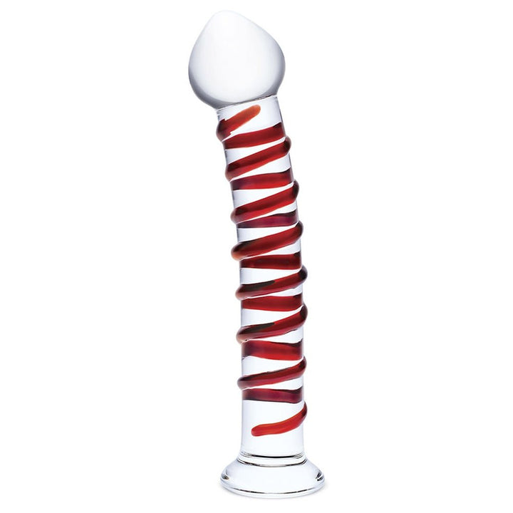 Clear glass dildo with a curved 10-inch shaft featuring a red swirling spiral and a flared base for safe use.