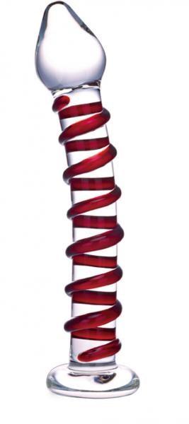 Clear glass dildo with a raised red spiral wrapping around the shaft and a rounded tip for targeted stimulation.