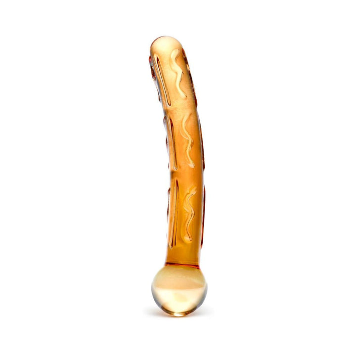 Curved orange glass dildo with textured ridges and rounded base for easy grip and versatile use.