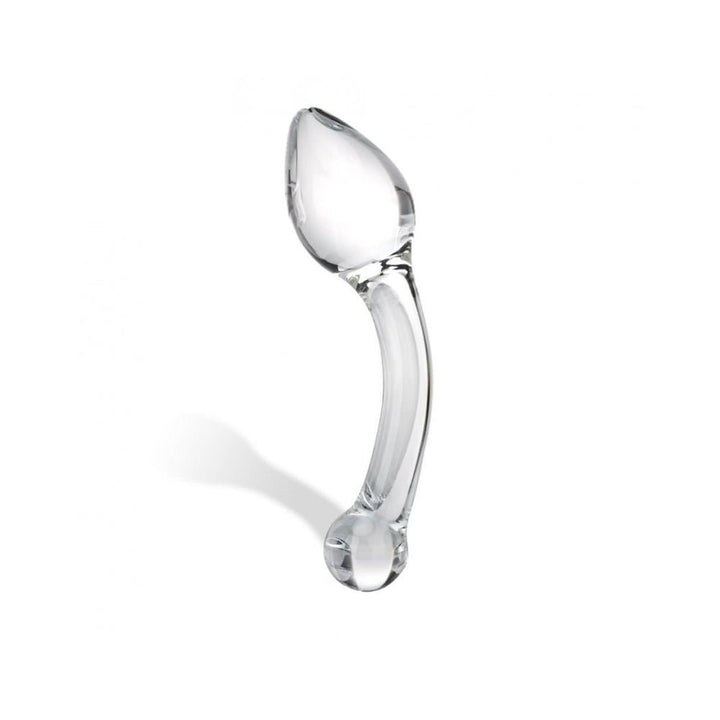 Clear curved glass anal slider with flared head and rounded base for comfortable prostate stimulation.