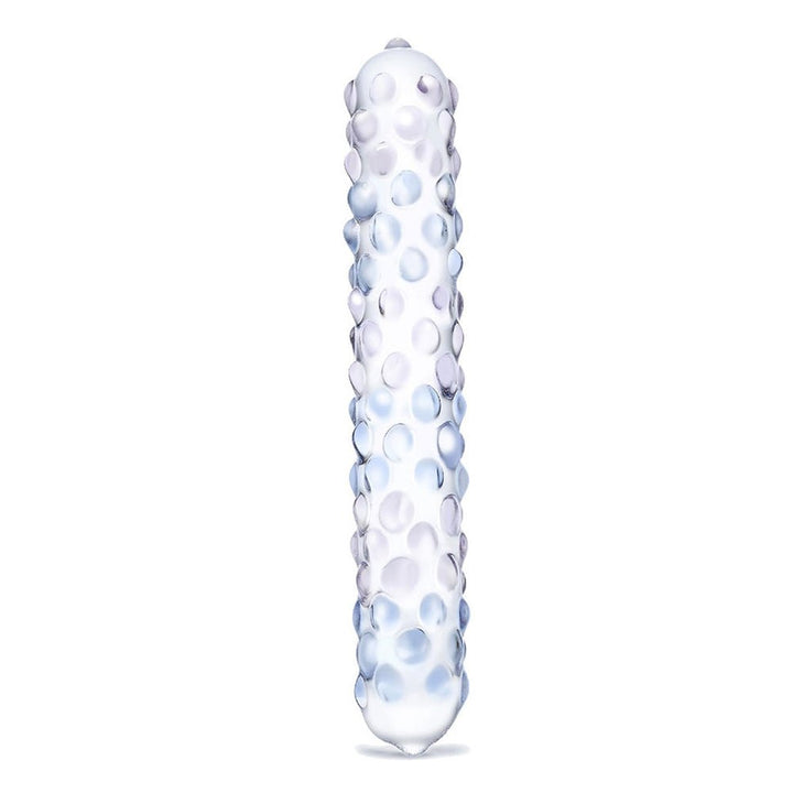 Clear purple-tinted glass dildo with raised nubby texture along the shaft for enhanced stimulation.