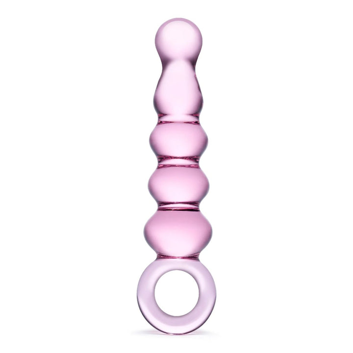 Pink glass anal slider with graduated bead design and circular handle for easy control and comfort.