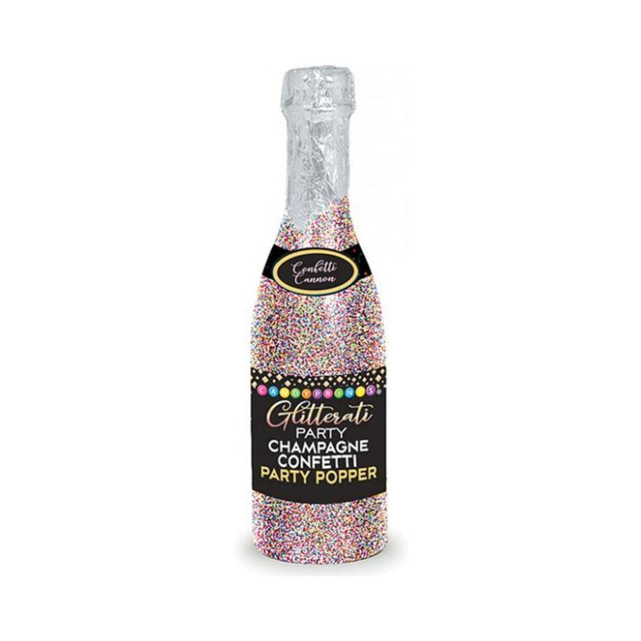 Glitterati Champagne Popper party accessory with colorful confetti design and black label for festive celebrations.