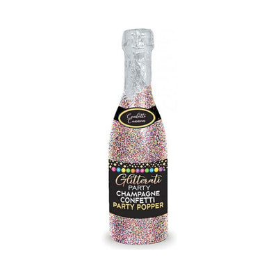 Glitterati Champagne Popper party accessory with colorful confetti design and black label for festive celebrations.