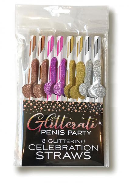 Pack of eight Glitterati Cocktail Straws with metallic stripes and glittery festive shapes in gold, silver, rose gold, bronze, and pink.