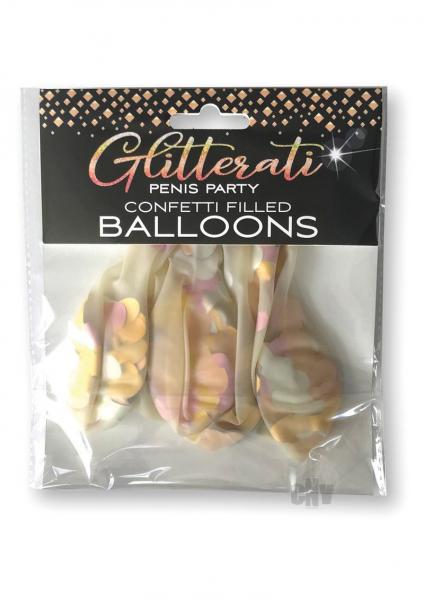 Pack of Glitterati confetti-filled balloons designed for adult-themed parties, featuring playful shapes and pastel colors.