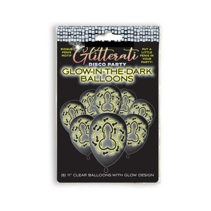 Package of 8 clear 11-inch glow-in-the-dark balloons with playful disco party design.