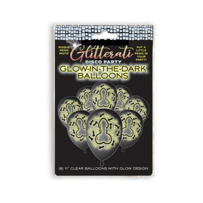 Package of 8 clear 11-inch glow-in-the-dark balloons with playful disco party design.