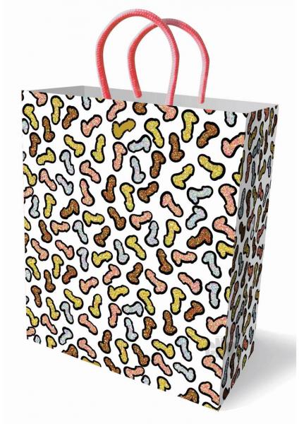 White gift bag with colorful metallic glitter shapes in gold, silver, rose gold, and bronze, featuring pink handles.