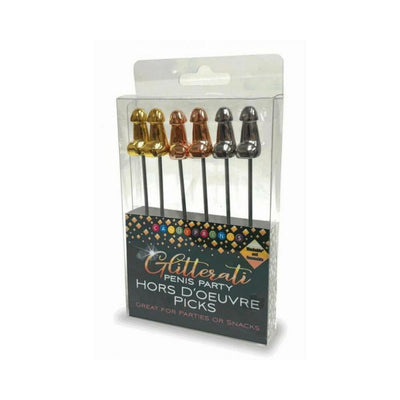 Set of six metallic gold, rose gold, and silver appetizer picks with playful party-themed tops in clear packaging.