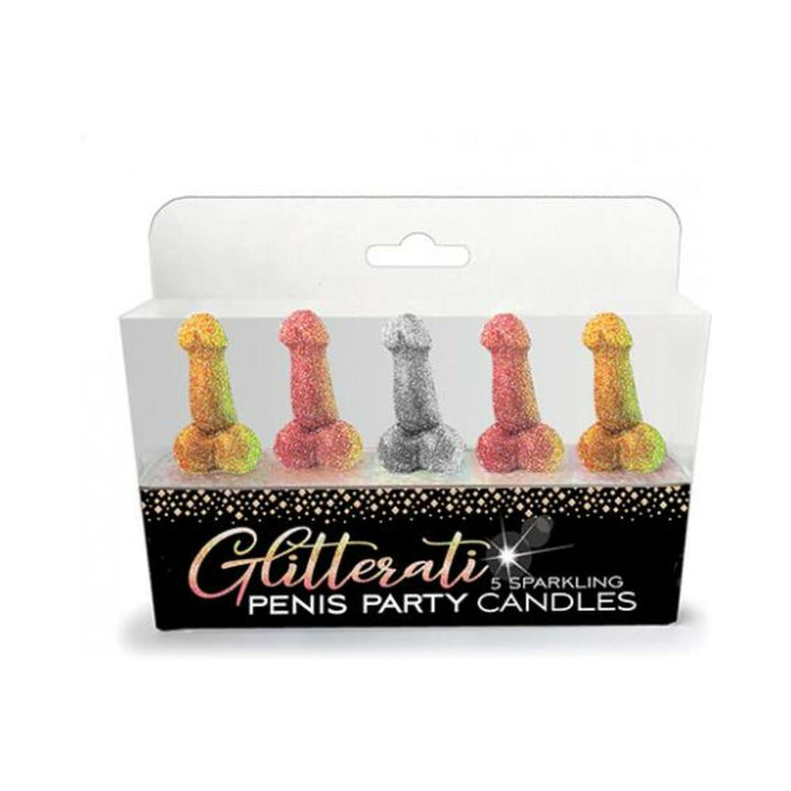 Box of five glittery novelty party candles in gold, pink, and silver colors designed for bachelorette celebrations.