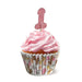 Cupcake with pink frosting, glittery pink decorative topper, and cupcake wrapper with colorful playful pattern.