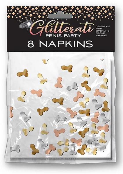 Pack of 8 white party napkins with metallic rose gold, gold, silver, and bronze glitter penis designs.