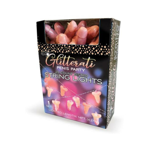 Box of Glitterati Penis Party String Lights featuring 20 cheeky bistro lights on a 14-foot string for festive decor.