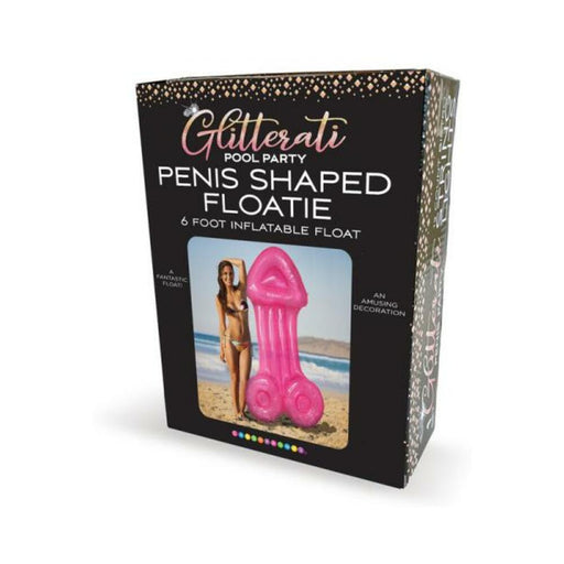 Packaging box for Glitterati Pool Party 6-foot pink inflatable float with a beach photo of a woman standing next to the float.