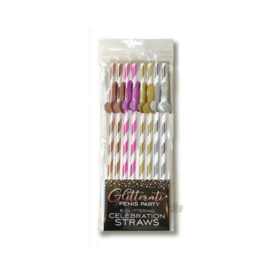 Package of eight Glitterati tall celebration straws with glittery decorative accents in rose gold, pink, gold, and silver.