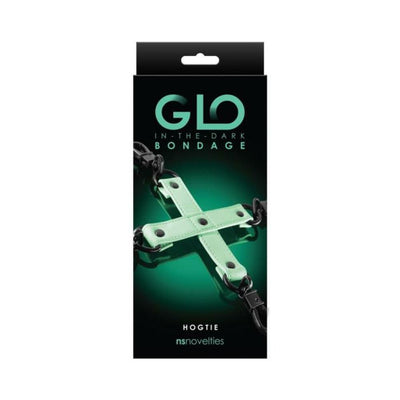 Packaging of GLO Bondage Hog Tie in green with black hardware and glow-in-the-dark feature by NS Novelties.
