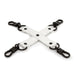 White PU leather bondage hog tie with black metal clips and rings arranged in an X shape on a white background