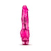 Pink translucent realistic vibrator with textured shaft and twist dial base for adjustable vibration settings.